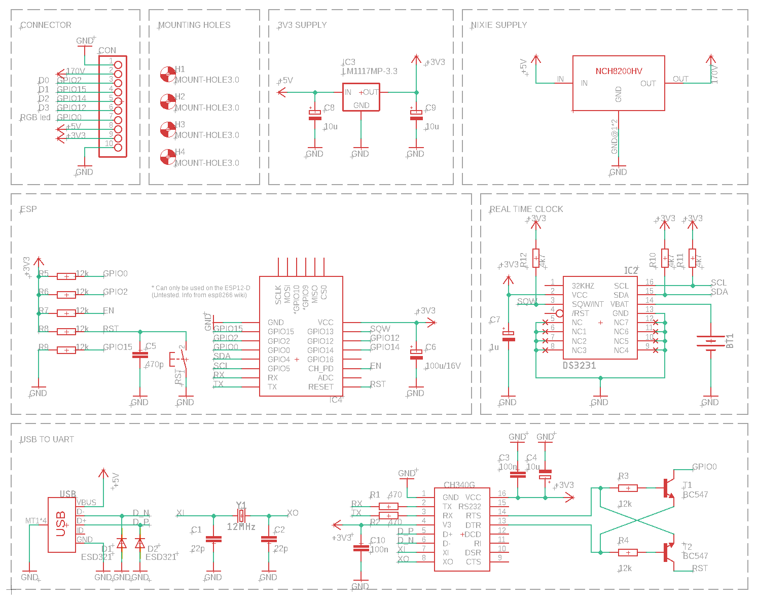 ESP8266-based control board schematic for single-digit Nixie clock