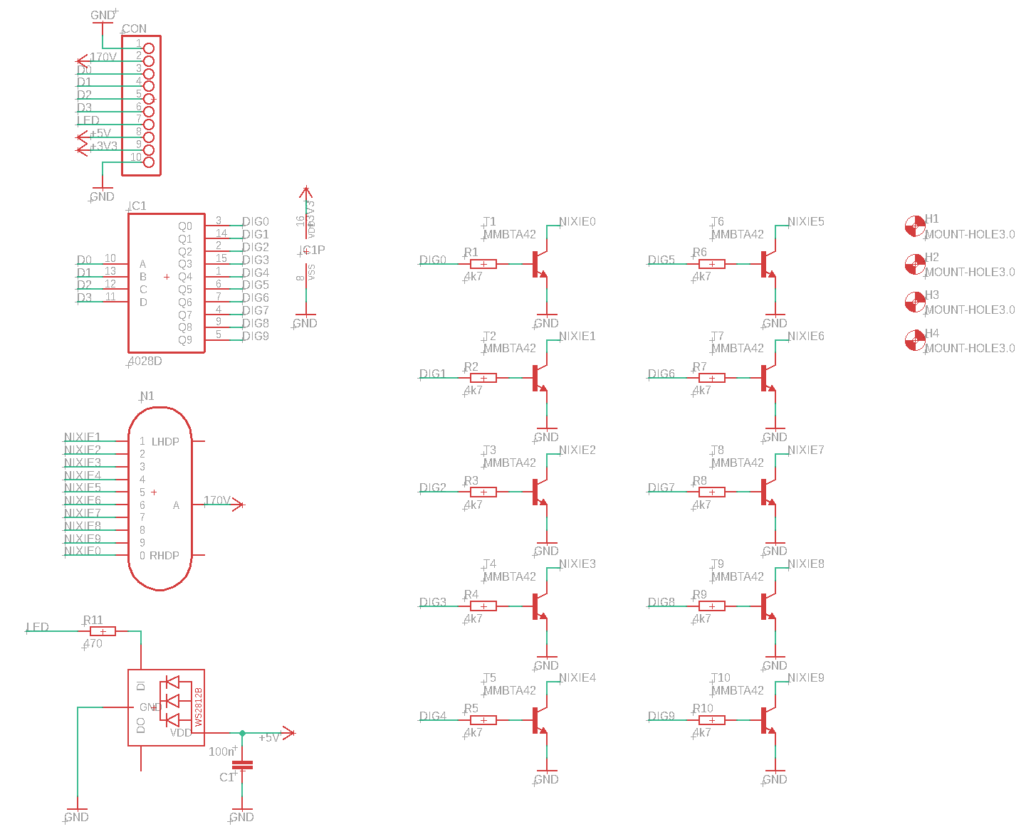 ESP8266-based display board schematic for single-digit Nixie clock