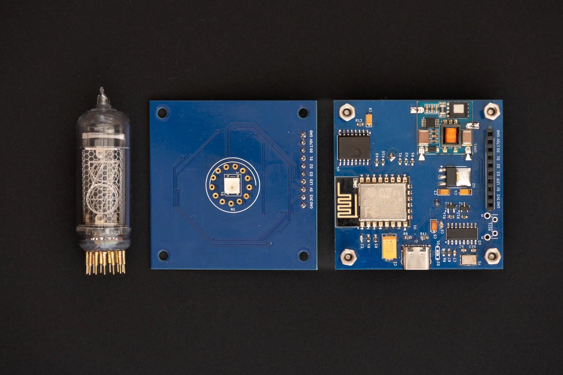 Assembled control and display PCBs for the Nixie clock