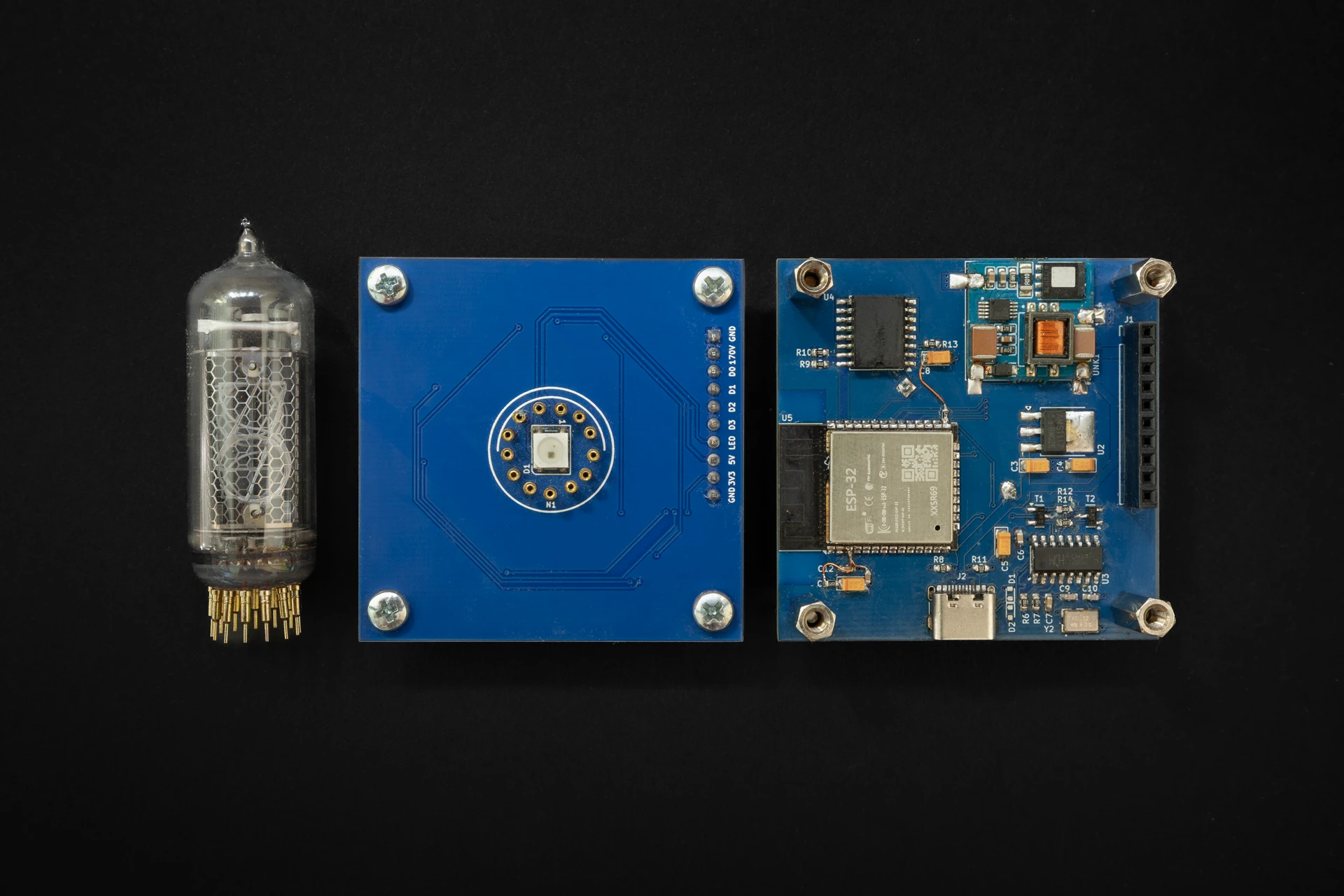 Assembled control and display PCBs for the Nixie clock