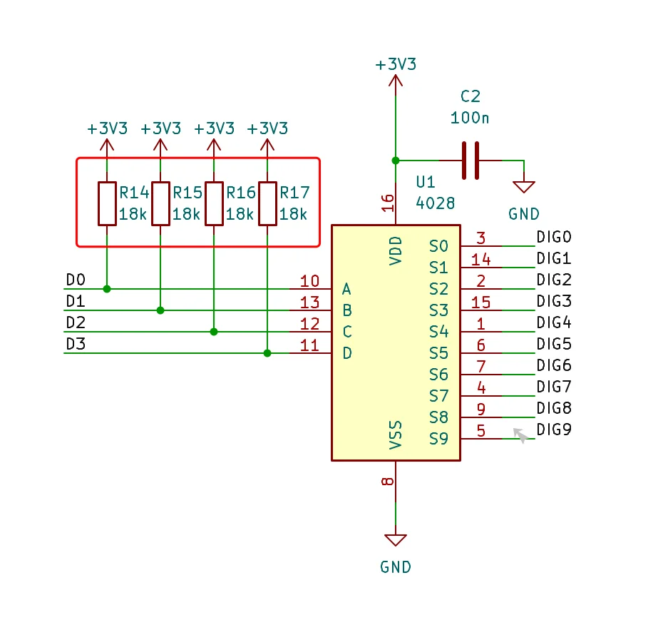 Updated display board with added pull-up resistors on the input pins of CD4028