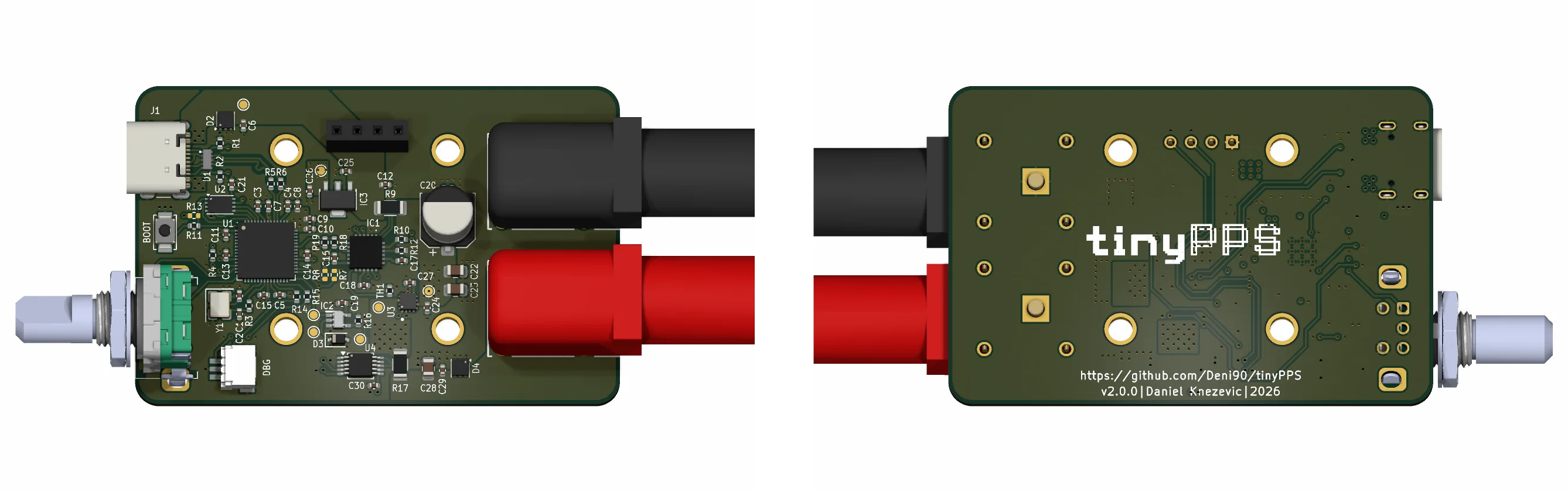 Top and bottom 3D views of the TinyPPS PCB